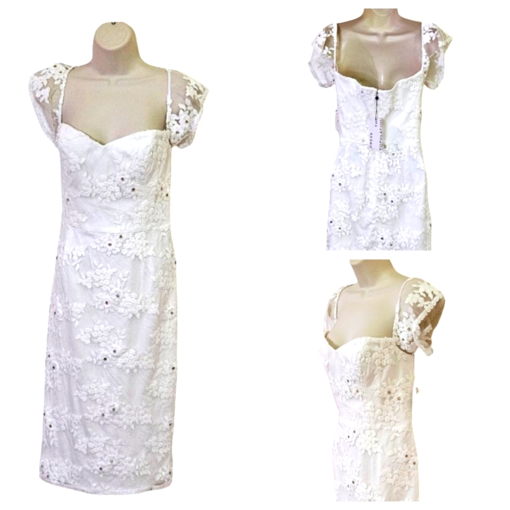 Dress The Population Tara White Gold Embroidered Lace Wedding Dress,Large,NWT